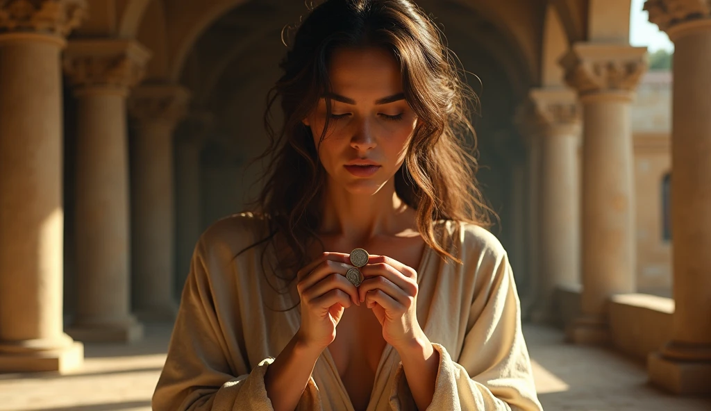 In the heart of an ancient villa, a woman look happy to a coin in a house. Her expression is one of reverence and contemplation, adding a sense of mystery to the scene. This high-resolution painting captures the moment with exquisite realism, showcasing the woman's flowing robes and ethereal beauty. The composition is in biblical symbolism, inviting viewers to ponder the significance of the event. Ensure that the image depicts the thematic concept of lost coin story and is visually appealing and eye-catching. hyper detailed, dynamic color , wearing a tunic, super emotional image, Great quality and realistic image, the epic scene, hiper realistic, blockbuster, high detailed, , 4K photography, 50mm f/1.8 lens, high details, high face details, high hands details, perfect hands, soft illumination, high quality, natural light, stunning blockbuster background, dynamic angle
