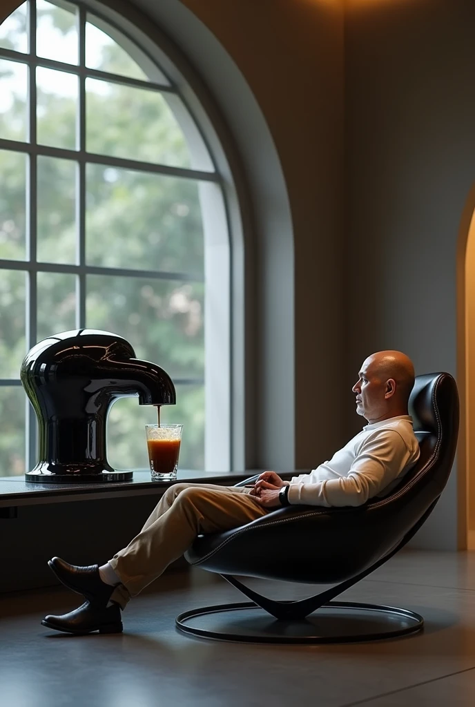 Realistic pictures in high resolution. An automatic-futuristic coffee machine maker, making special iced long black coffee and the result dripping in a very big artistic cup. Beside the artistic cup laying an Indonesian man on a long chair, 60 years old, bald, slim, in casual. The man ready to drink the coffee. Excited moment.