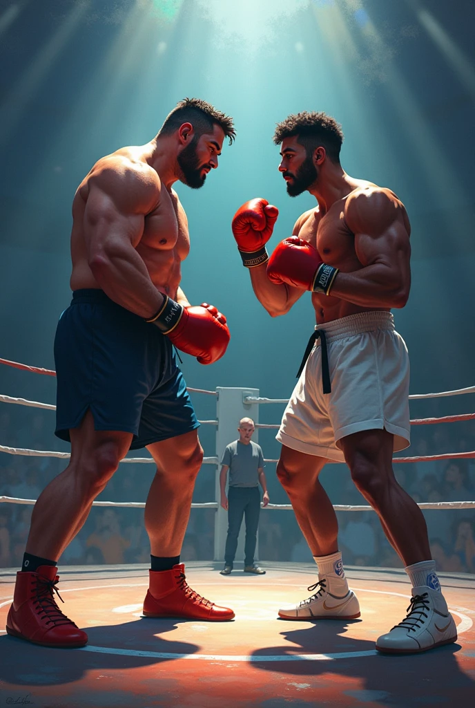 Crée moi une image d'un boxeur poids leger , face à un judoka maigre dans un octogone avec un arbitre
