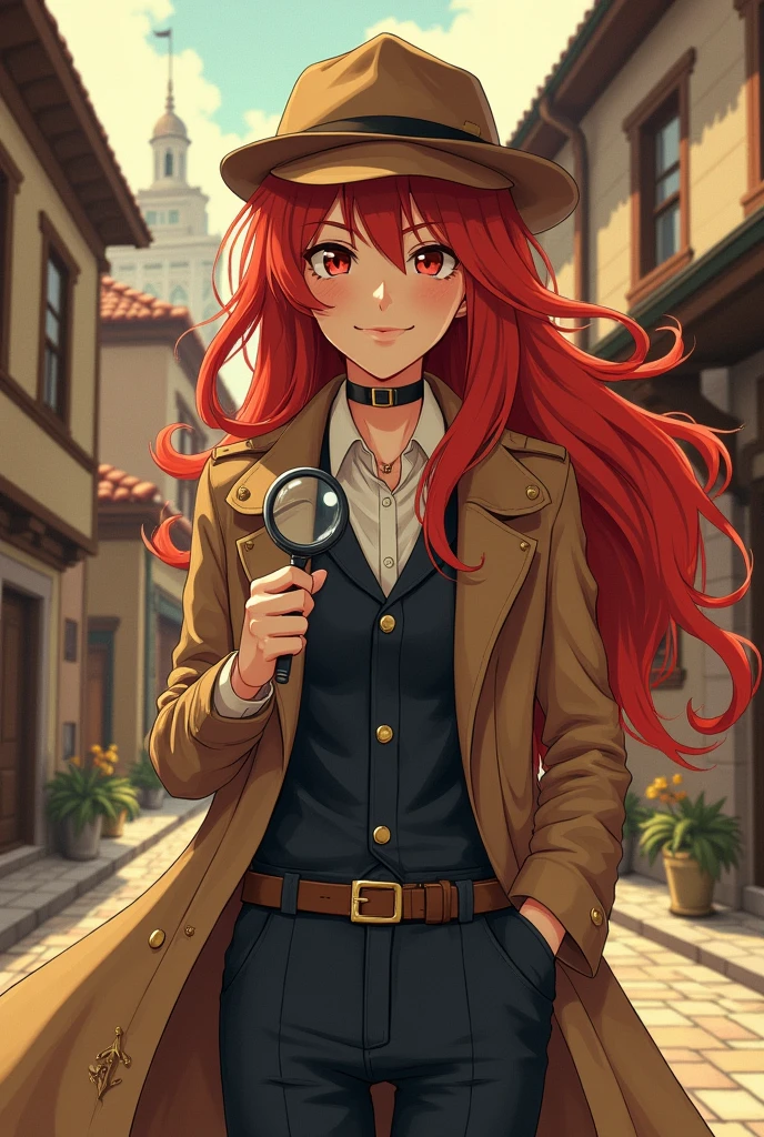 anime girl character, dressed in detective clothing, long red hair, relaxed pose, with a magnifying glass in her hand, a town in the background, realistic and intricate details, warm colors, by Greg Rutkowski, by Alfonso Mucha