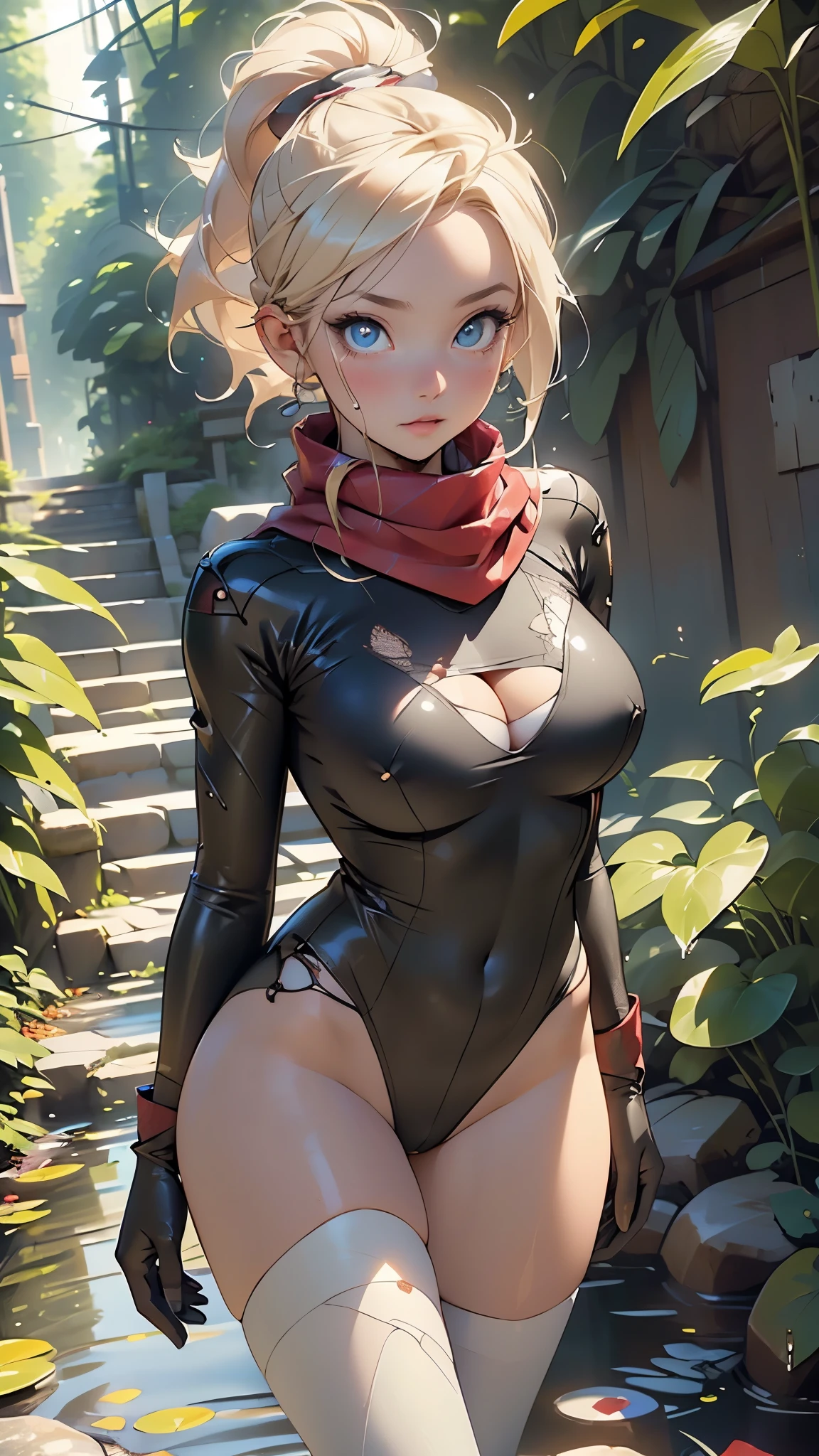 japan girl from ancient Japan,1girl,
(large breasts:1.4),((((blond hair,blonde ponytail,,colored inner hair)))),(((blue_eyes:1.3))),intricate eyes,beautiful detailed eyes,symmetrical eyes,((((lustrous skin:1.5,tanned skin,bright skin: 1.5,skin tanned,shiny skin,very shiny skin,shiny body,Reflective skin)))),(spider lower abdomen,narrow waist,wide hip,athletic body,inflated legs,thick thighs,(detailed face)),beautiful detailed lips,
cute,slutty,sensual,seductive look,seductive,((erotic)),opulent,sumptuous,((nsfw)),
zettai ryouiki,revealing clothing,tiny clothes,show skin,((ninja outfit,bare legs)),hair ornament,((huge cleavage,ninja)),((fishnets, fishnet legwear)),((scarf, red scarf)), (((fishnet bodysuit))),fishnet gloves,(((wet clothes))),
(flirtatious pose:1.3), looking at viewer,embarrassed,centered,scale to fit dimensions,Rule of thirds,
outdoors,(waterfall,bamboo,river,bamboo forest,japanese temple,red lanterns burning,temple in the forest,mossy stairway in the temple,dilapidated temple,bamboo sanctuary,),scenery,extremely scenery,(puddles everywhere,moss,moss on the background),clouds,lily pads,(sunset, golden hour),
(Glossy asian ornaments),highres,sharp focus,(ultra detailed,extremely detailed),(photorealistic artwork:1.37),(extremely detailed CG unity 8k wallpaper),(((vibrant colors,vibrant theme))),(intricate),(masterpiece),(best quality),artistic photography,(photography taken by sldr),(intricate background),perfect rendered face,perfect face details,realistic face,photo realistic,((intricate detail)),(((realism))),