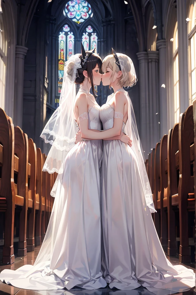 (masterpiece), 4K,{{{2 women}}}, Wedding dress,Lesbian,shoes,headgear, wedding,church,牧師の前で誓いのkiss,kiss,Angle from a distance