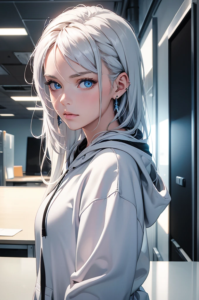 Best quality, masterpiece, ultra high res, (photorealistic:1.4), raw photo, 1girl, in an office, looking at viewer, bright icy blue eyes, white hair, long hair, cropped white hoodie, black sweatpants, one earring