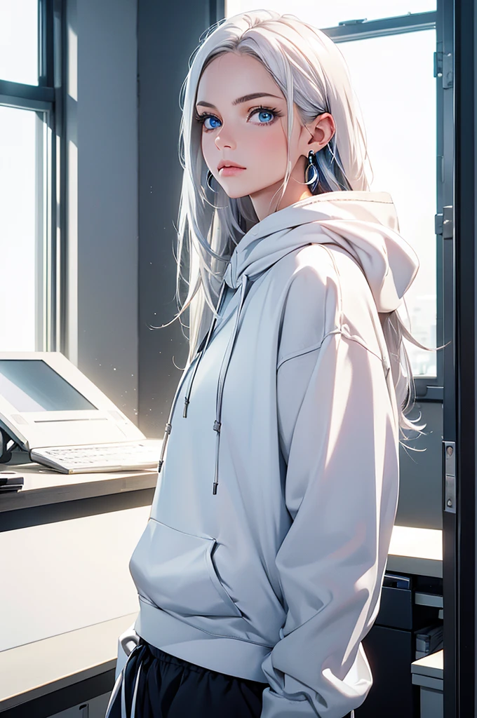 Best quality, masterpiece, ultra high res, (photorealistic:1.4), raw photo, 1girl, in an office, looking at viewer, bright icy blue eyes, white hair, long hair, cropped white hoodie, black sweatpants, one earring