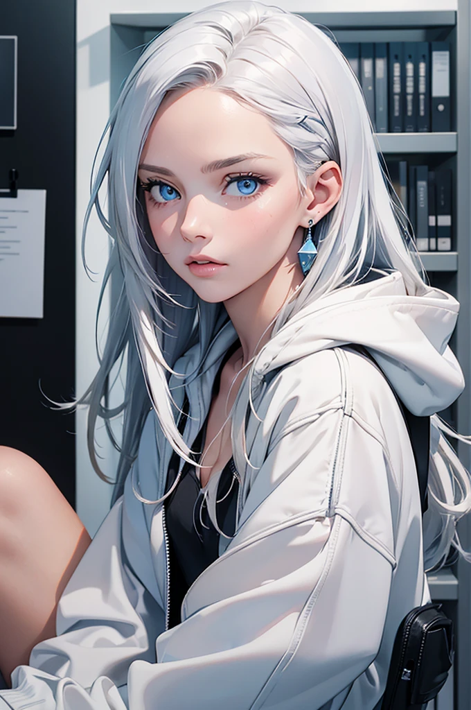 Best quality, masterpiece, ultra high res, (photorealistic:1.4), raw photo, 1girl, in an office, looking at viewer, bright icy blue eyes, white hair, long hair, cropped white hoodie, black sweatpants, one earring