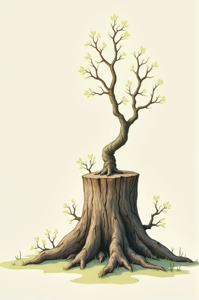 Tree cut down from its base with small new branches realistic drawing with watercolors