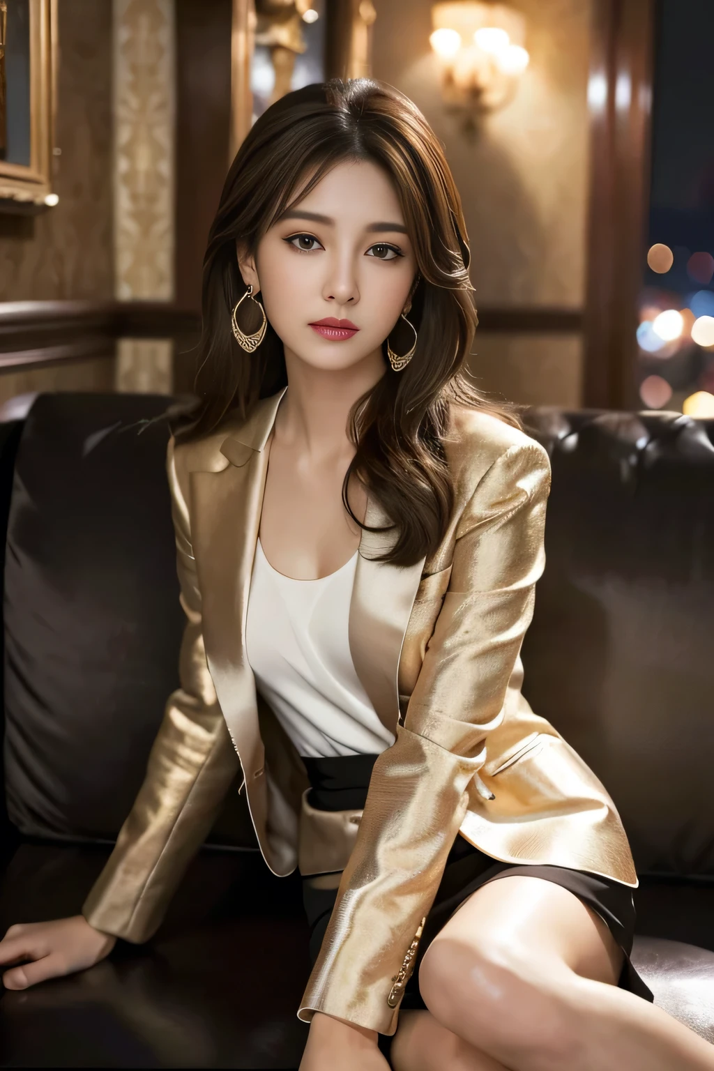 masterpiece, Highest quality, Realistic, Very detailed, Finer details, High resolution, 8k wallpaper, One beautiful woman, Wear a nice suit, In a great restaurant, At night, Light brown messy hair, Perfect dynamic composition, Beautiful and beautiful eyes、Big earrings、Sit on the sofa