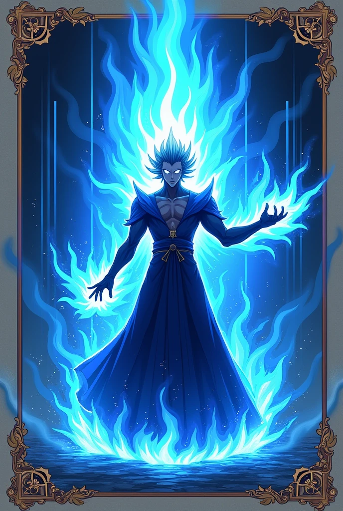 I need the same character to emanate a form of power similar to Meliodas' Wrath Claw from Nanatsu no Taizai this time., but with Cobalt Blue aura (MAKE THE IMAGE WITH JAPANESE ANIME LINE) and written "The Eminent Divine Spirit" into the image, as if it were the cover of a book.