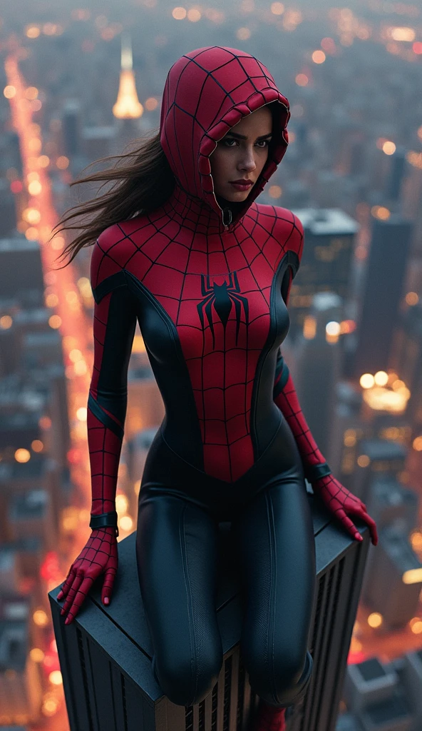 Spider-Woman perches on the edge of a towering skyscraper, her sleek red and black suit gleaming under the city’s lights. The spider emblem across her chest pulses with quiet strength, mirroring the determination in her eyes visible through the mask. Her hair, partially covered by the suit’s cowl, flutters slightly in the wind as she gazes down at the bustling streets below. In this moment of solitude, her fierce exterior reveals a layer of vulnerability—a hero who bears the weight of her responsibilities with grace and resilience. The city hums with life, but she remains still, embodying both the power and quiet resolve of a lone protector.