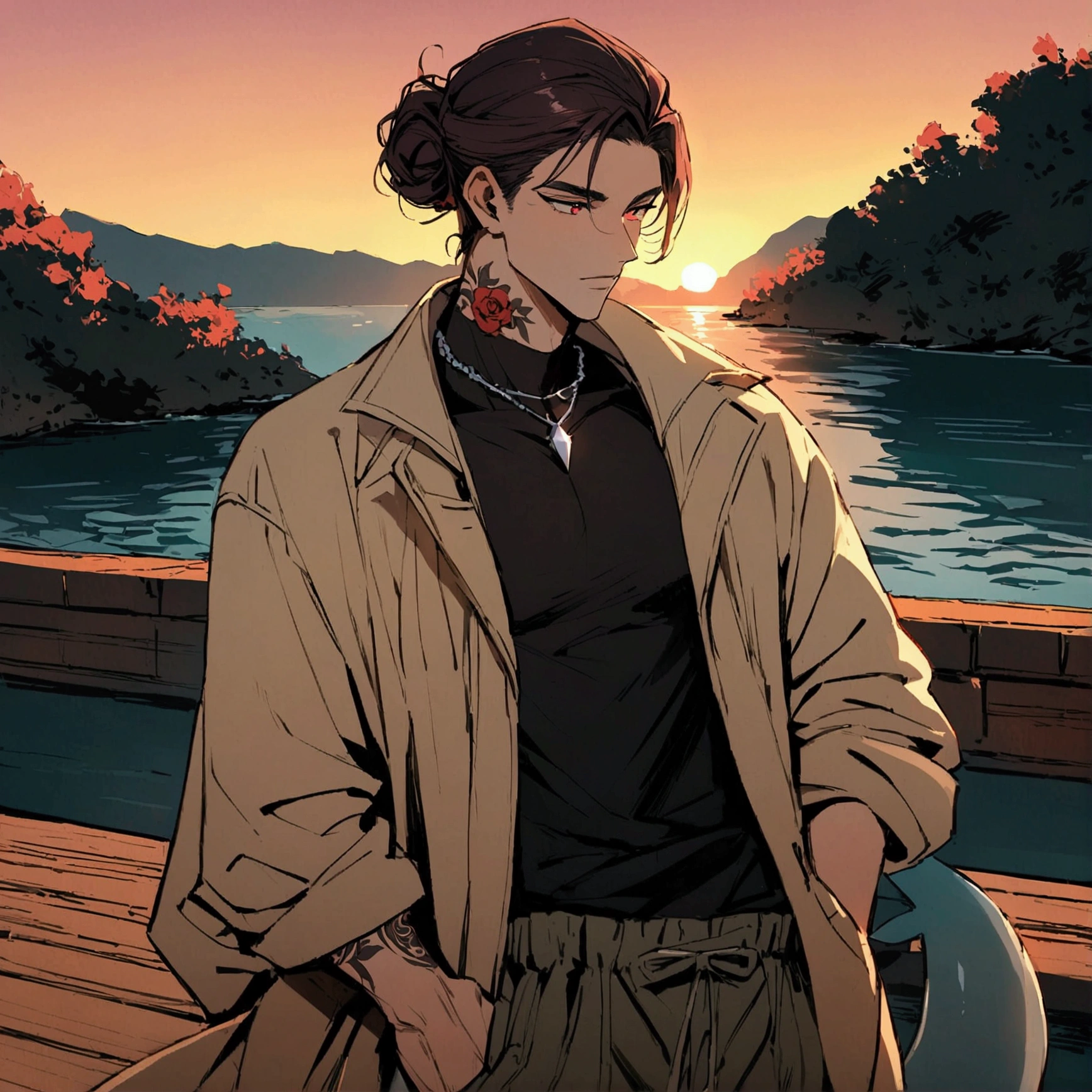 high detailed, Male, maroon long hair with a manbun, red eyes, tattoos of roses on the neck, shark fins on elbows, Shark tail. mock-neck black shirt, beige parka, beige jacket, black baggy cargo pants. Handsome, masculine, Elbow shark fins, young handsome male, Detailed background,
sunset background
