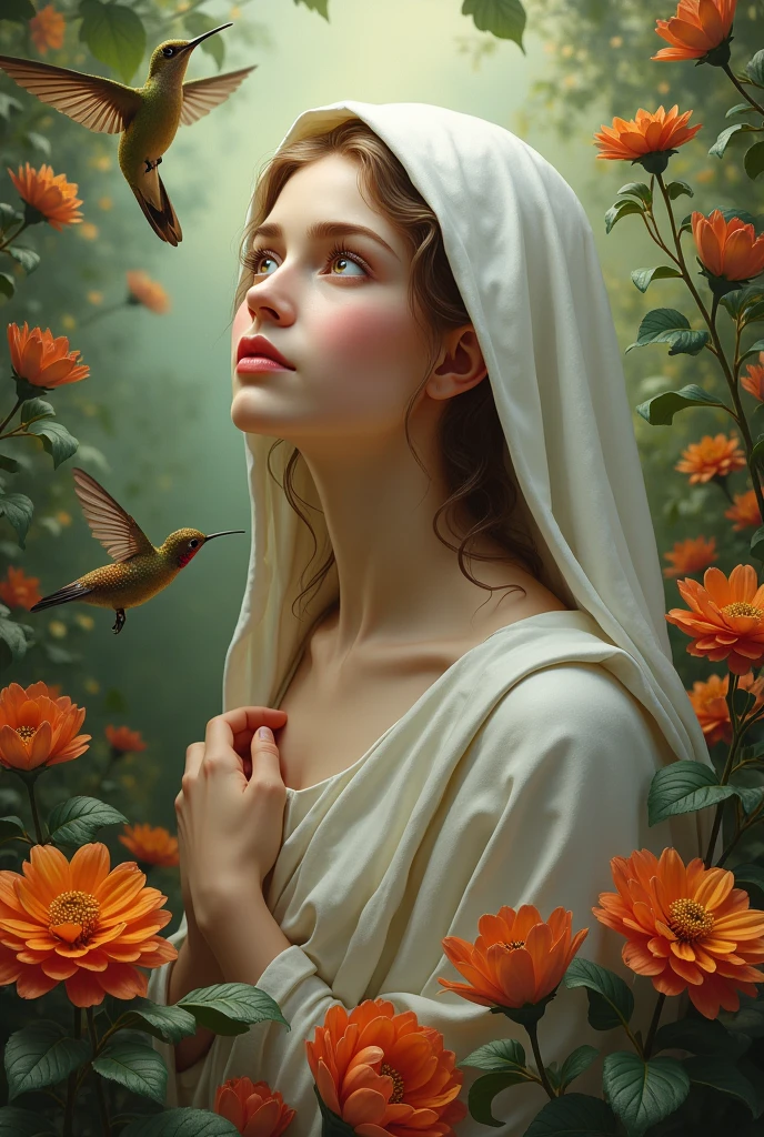 ((best quality)), ((masterpiece)), (detailed), jewish virgin mary with a hummingbird in a flower