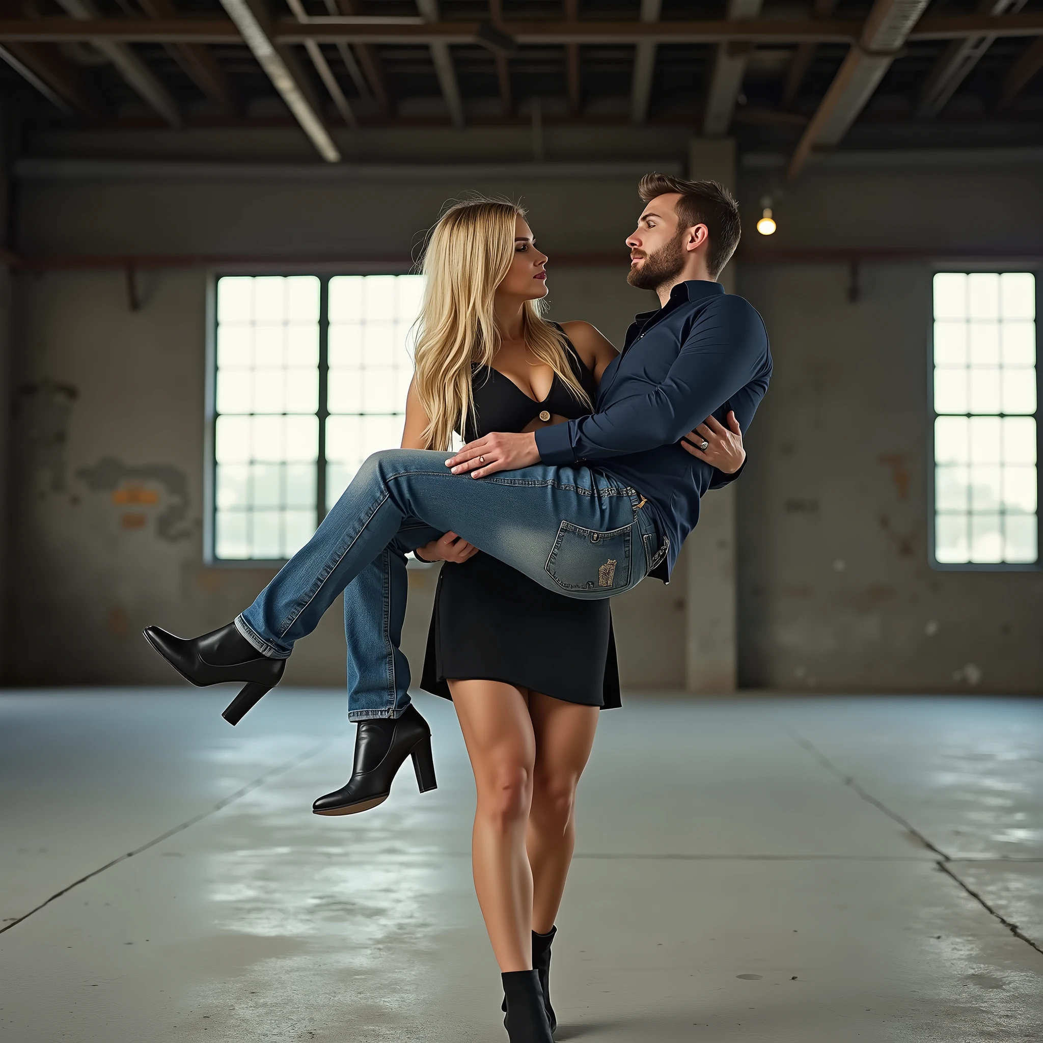 A photograph capturing a strong woman holding a man in her arms, as if effortlessly carrying him like a child. The woman has long blonde hair and is dressed in a black skirt and high heels, exuding confidence. The man, wearing jeans and a blue shirt, is relaxed in her grasp, his arms draped over hers. The setting is an industrial warehouse with large windows and metal beams, with soft, natural light filtering through, casting subtle shadows on the concrete floor.