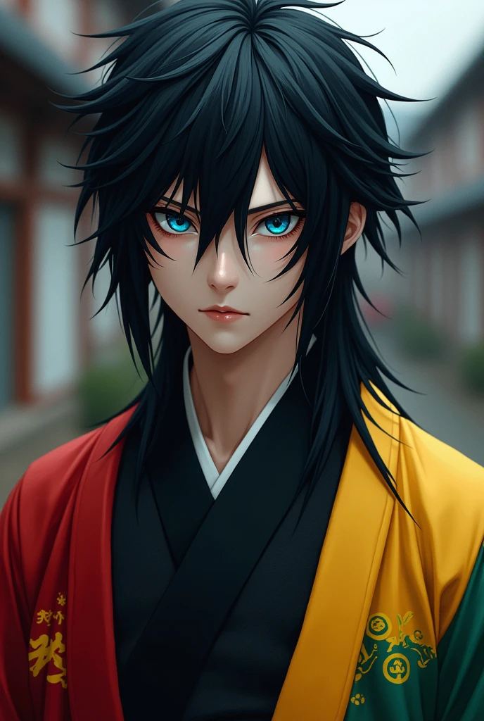 Serious 21 year old man long black spiky hair wearing a black uniform and a kimono on the left side is red and on the right is yellow and green deep blue eyes
