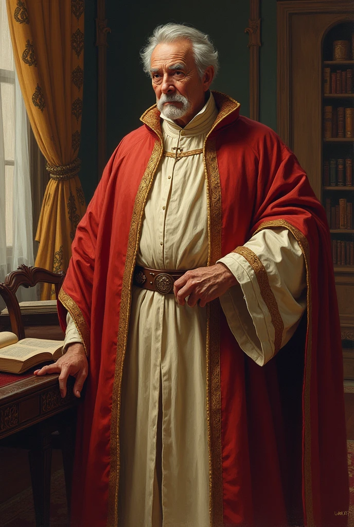 Fantasy comicbook art, medium shot, an older man with prominent sideburns and no beard in fancy pale red and crème colored medieval robes stands in a fancy study. He has no beard and wears a monocle. Warm low-contrast colors, soft brushstrokes, rich textures. Elegant leather-bound books, ornate wood paneling, and golden accents. Dim natural light, gentle shadows. A masterpiece, 8k resolution, incredibly detailed, Rembrandt-inspired chiaroscuro,DAz-inspired medieval fantasy costumes. Oil painting-inspired texture, traditional comicbook colors, medieval illustrations, classic fine art.