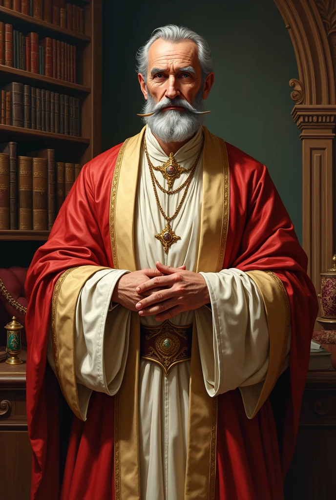Fantasy comicbook art, medium shot, an older man with prominent sideburns and no beard in fancy pale red and crème colored medieval robes stands in a fancy study. He has no beard and wears a monocle. Warm low-contrast colors, soft brushstrokes, rich textures. Elegant leather-bound books, ornate wood paneling, and golden accents. Dim natural light, gentle shadows. A masterpiece, 8k resolution, incredibly detailed, Rembrandt-inspired chiaroscuro,DAz-inspired medieval fantasy costumes. Oil painting-inspired texture, traditional comicbook colors, medieval illustrations, classic fine art.