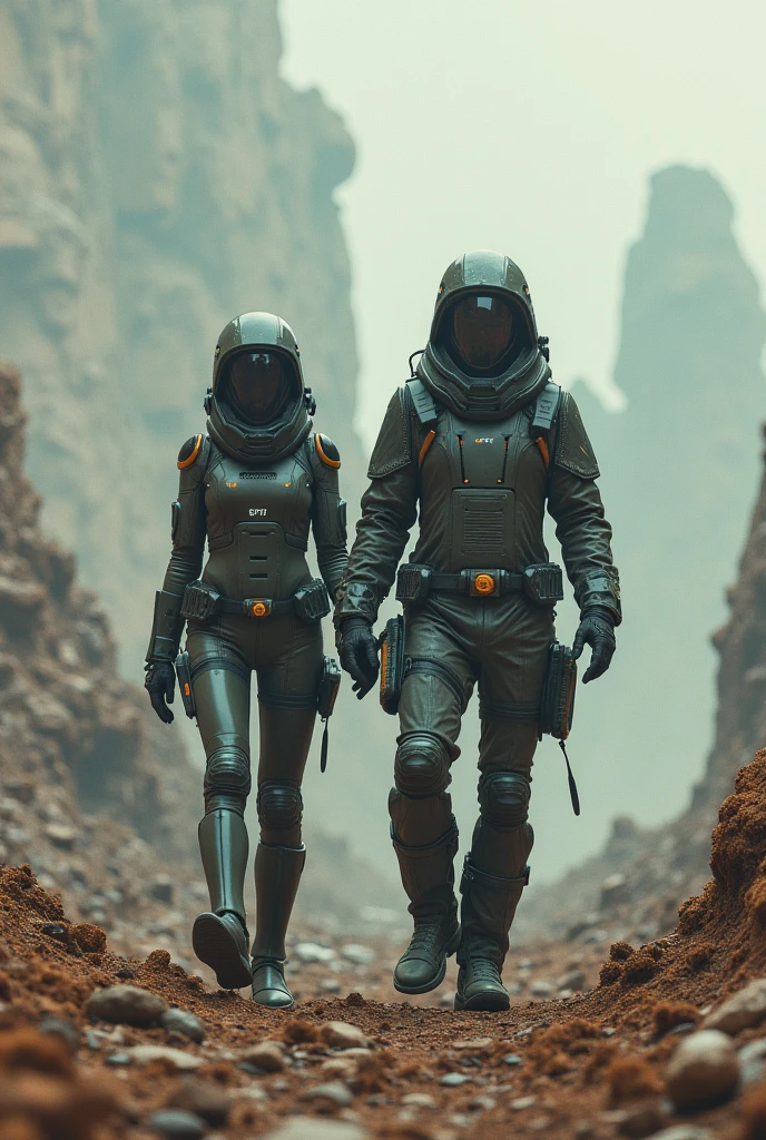 A futuristic couple on a destroyed planet 