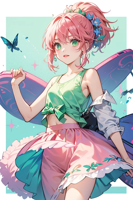 Cay has green skin with red lips, green eyes, and pink eyebrows. Her pink hair is tied into a gathered ponytail and has face obscuring bangs. She has a pair of black antennae attached to the top of her head.
Cay wears a light blue tank top with lines indented in it. She has a caterpillar skirt with blue and pink spots on the front.
Cay wears pink Mary Janes and wears a blue flower in her hair. SPARKLE; GLITTER