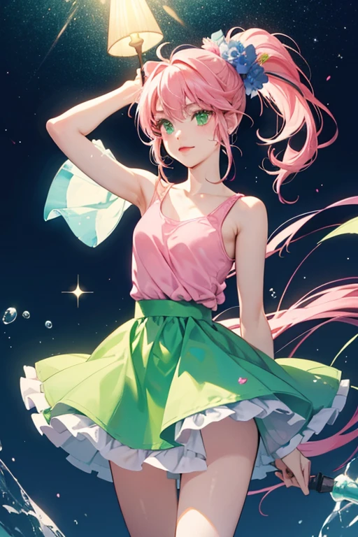 Cay has green skin with red lips, green eyes, and pink eyebrows. Her pink hair is tied into a gathered ponytail and has face obscuring bangs. She has a pair of black antennae attached to the top of her head.
Cay wears a light blue tank top with lines indented in it. She has a caterpillar skirt with blue and pink spots on the front.
Cay wears pink Mary Janes and wears a blue flower in her hair. SPARKLE; GLITTER