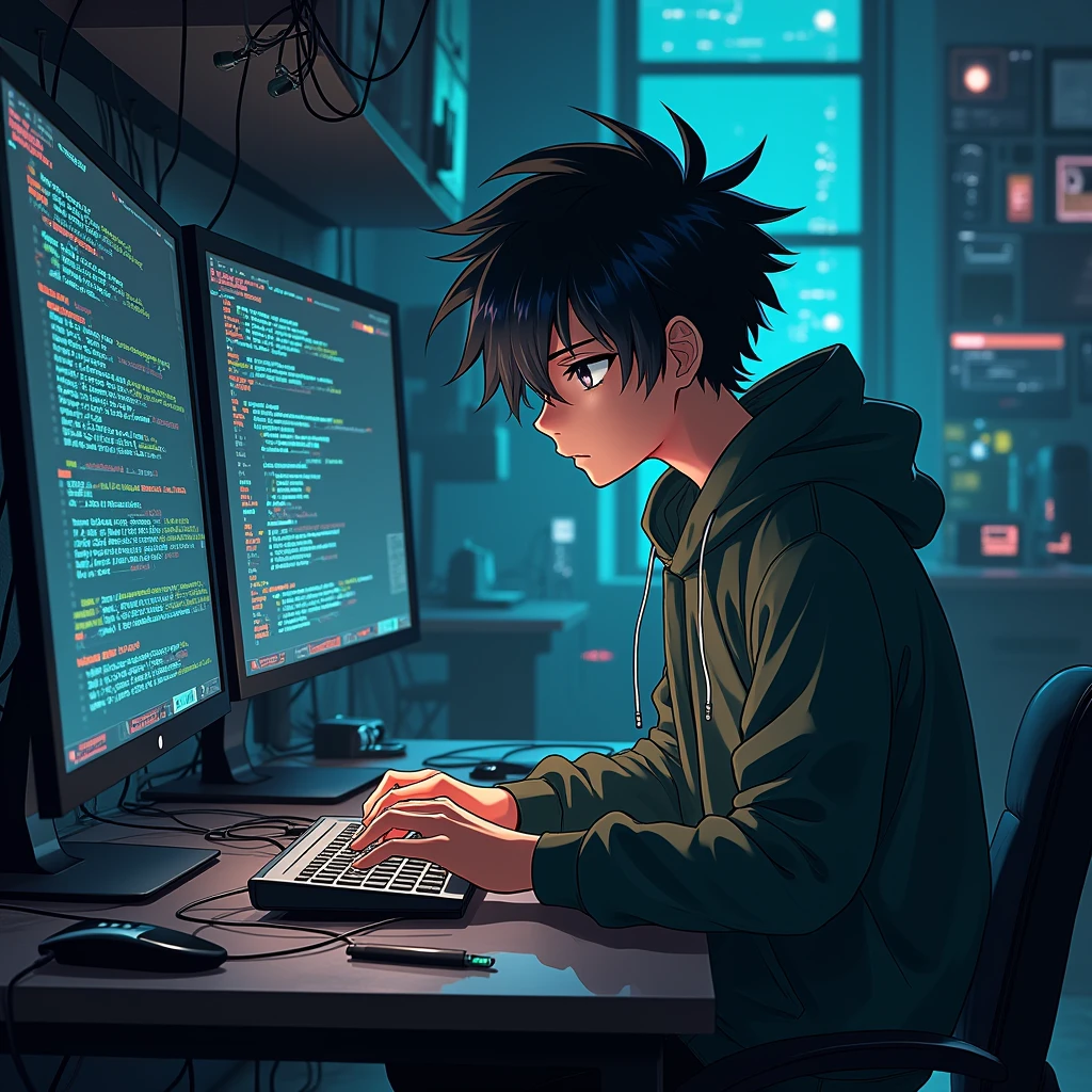 Anime like boy looking like an hacker using Linux or mac book background is like a hacker details are ultra clear