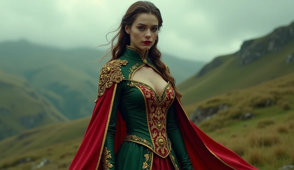 Portugal as a iberic curvy female League of Legend witch creature in dark green and red with a portuguese yellow coat of arms. Intricated clothing. Cinematic Fantasy sci-fi landscape background