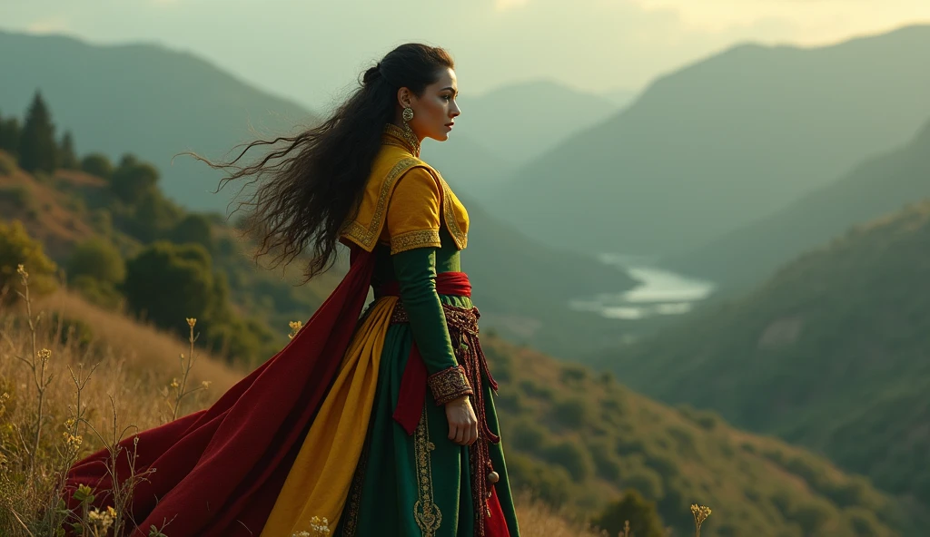 Portugal as a iberic curvy female League of Legend witch creature in dark green and red with a portuguese yellow coat of arms. Intricated clothing. Cinematic Fantasy sci-fi landscape background