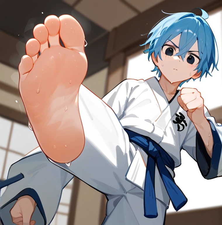 In the ring,一个可爱的男孩露出脚Low Angle,Lift one foot,One-leg stand,black eyes,boy,Blue Hair,short hair,There are bangs between the eyes, Blue Unicorn,black eyes,karate服,karate,Foot 8,Sweating feet,Clear facial features,barefoot, Sweating on the soles of the feet, Perfect feet,A big foot,Stamp your feet,Kick,Anatomically accurate feet, Solitary,Low Angle,There is a sandbag behind me,