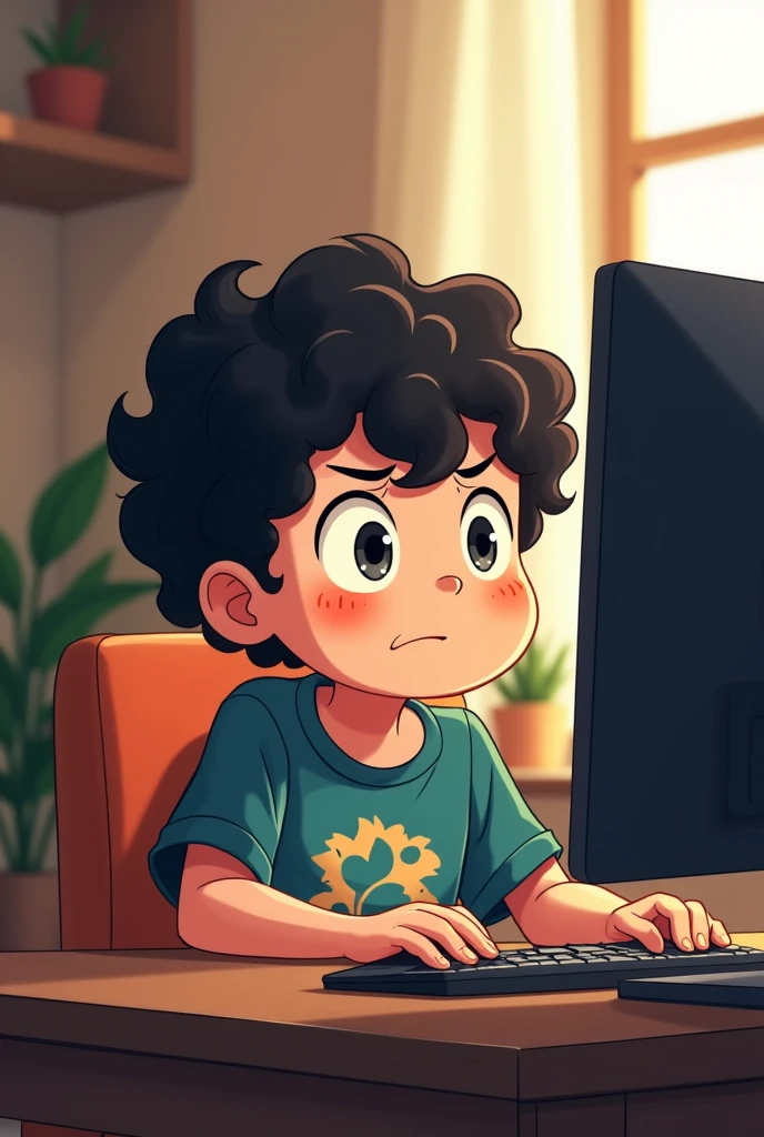 make a boy with curly hair looking disappointed at the computer in anime style