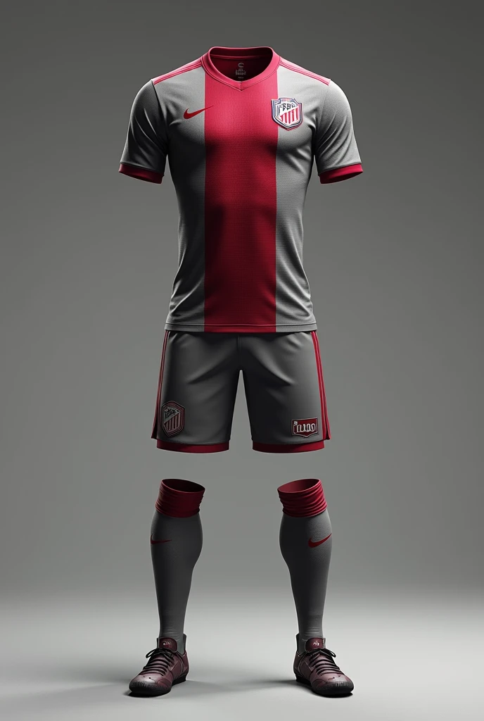 Create a River Plate uniform in gray and wine with the MVF 3D shield written on it for presentation 