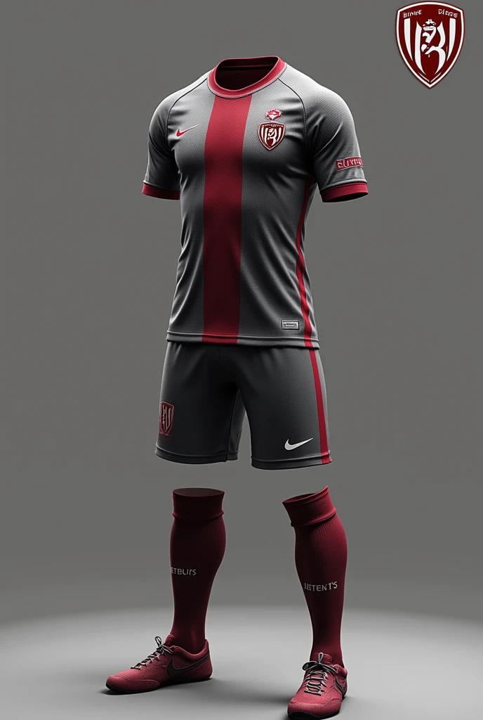 Create a River Plate uniform in gray and wine with the MVF 3D shield written on it for presentation