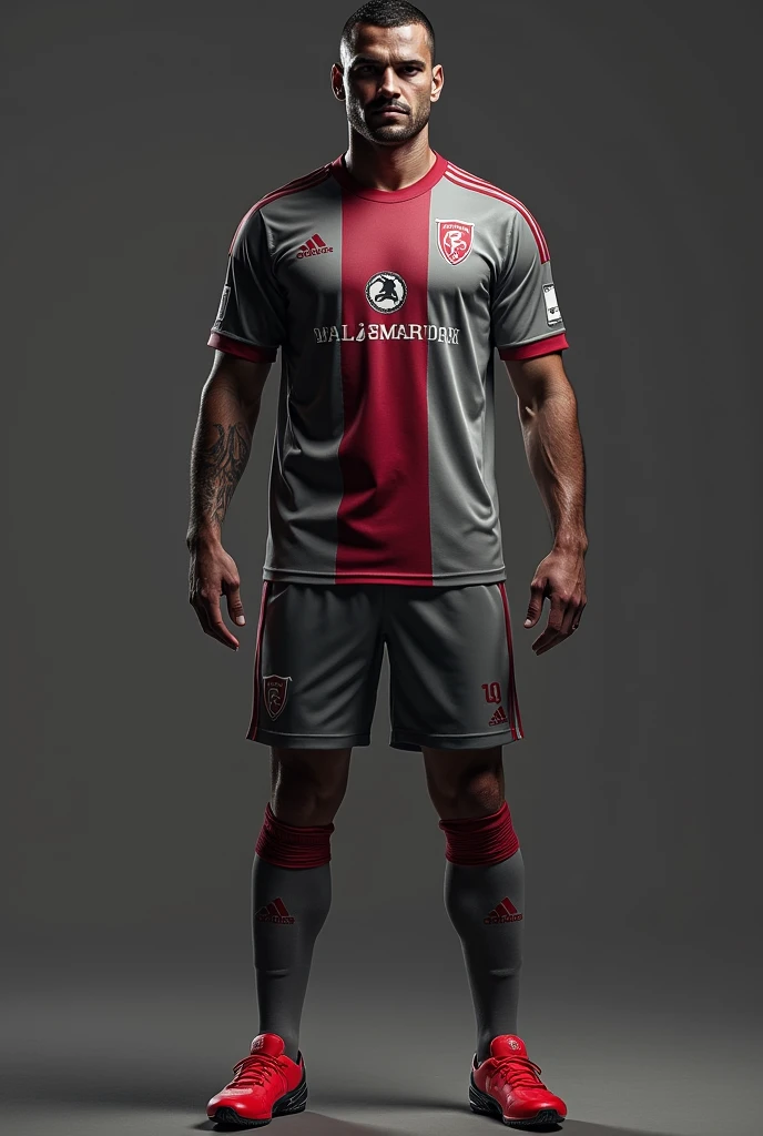 Create a River Plate uniform in gray and wine with the MVF 3D shield written on it for presentation 