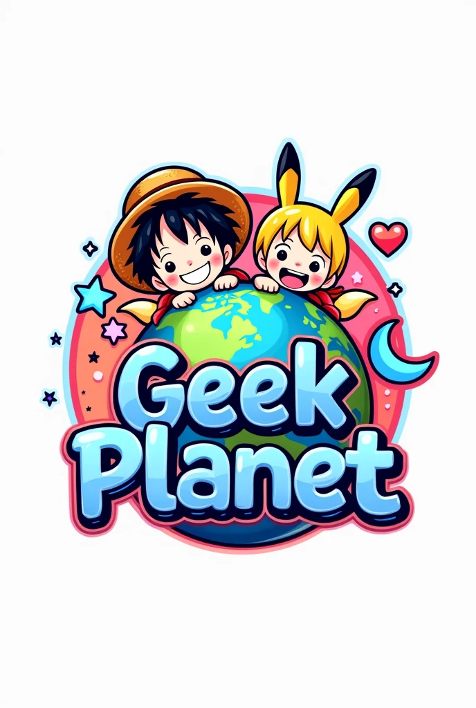 logo con un 🌎 en la parte de hasta atrás combinado con estrella, heart and crescent moon in pink with purple on the top left, two anime figures a boy with wavy hair and a girl with straight black hair, T-shirts and/or Pikachu ears or with Luffy&#39;s hat from One Piece and with the name Geek Planet in the middle (with vivid colors the whole image) with white background