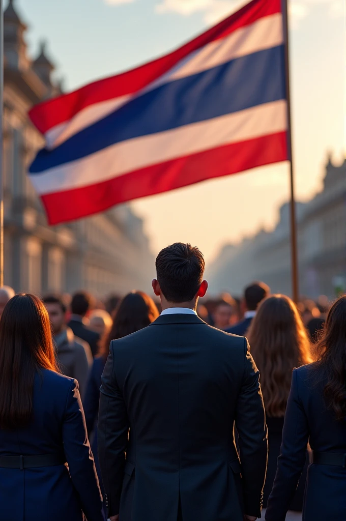 A group of people singing or swearing allegiance to the Costa Rican flag, representing unity and commitment.