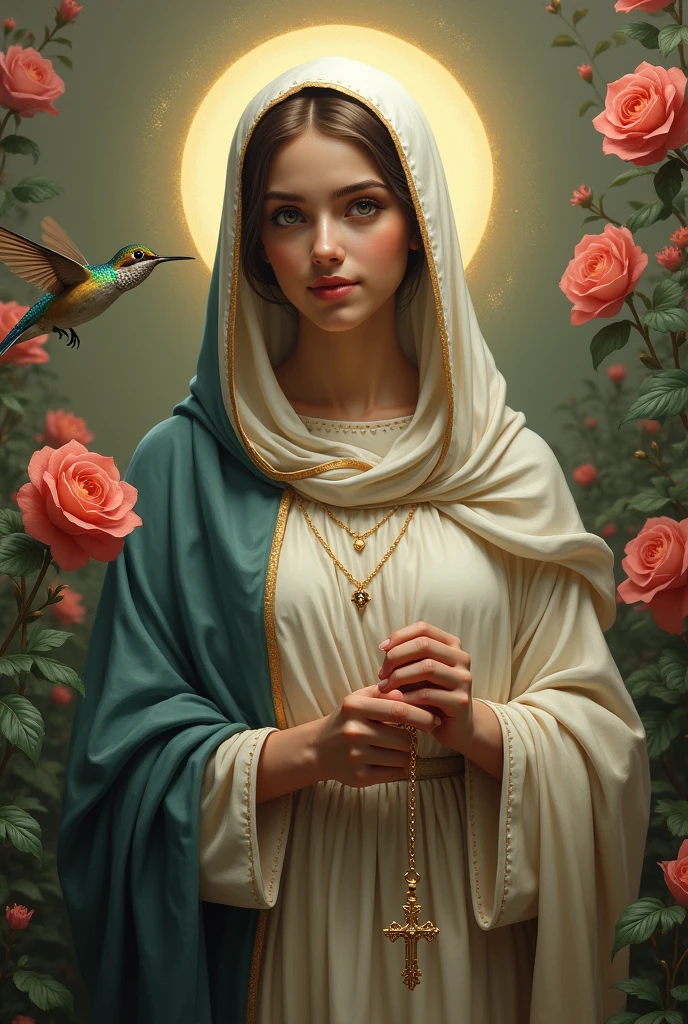 ((best quality)), ((masterpiece)), (detailed), jewish virgin mary  with a hummingbird in a flower, and a rosary
