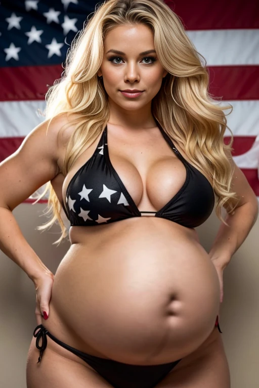 American woman, wavy blonde hair, is wearing a black bikini but only on the lower part of her body, and a red crop top with the American flag, and has a large prominent pregnant belly and has a large bust, and wide hips.