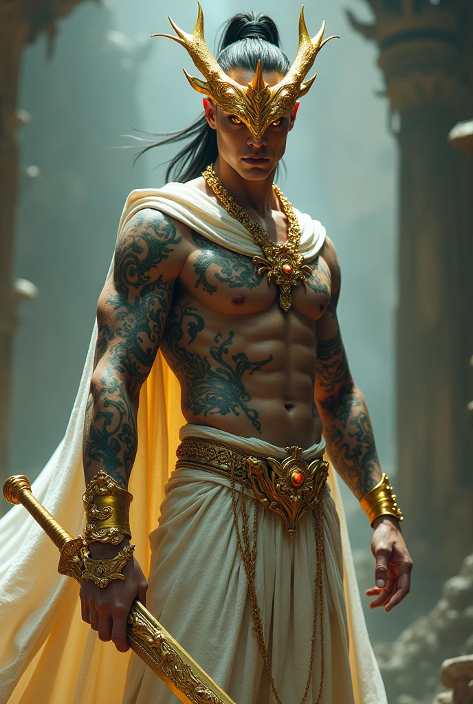 man with shaved sides of hair, long black ponytail, gold eyes, tattoos all over the skin from head to toe, white robes but with visible breastplate, he holds a golden sword. He also wears a golden dragon-shaped mask..