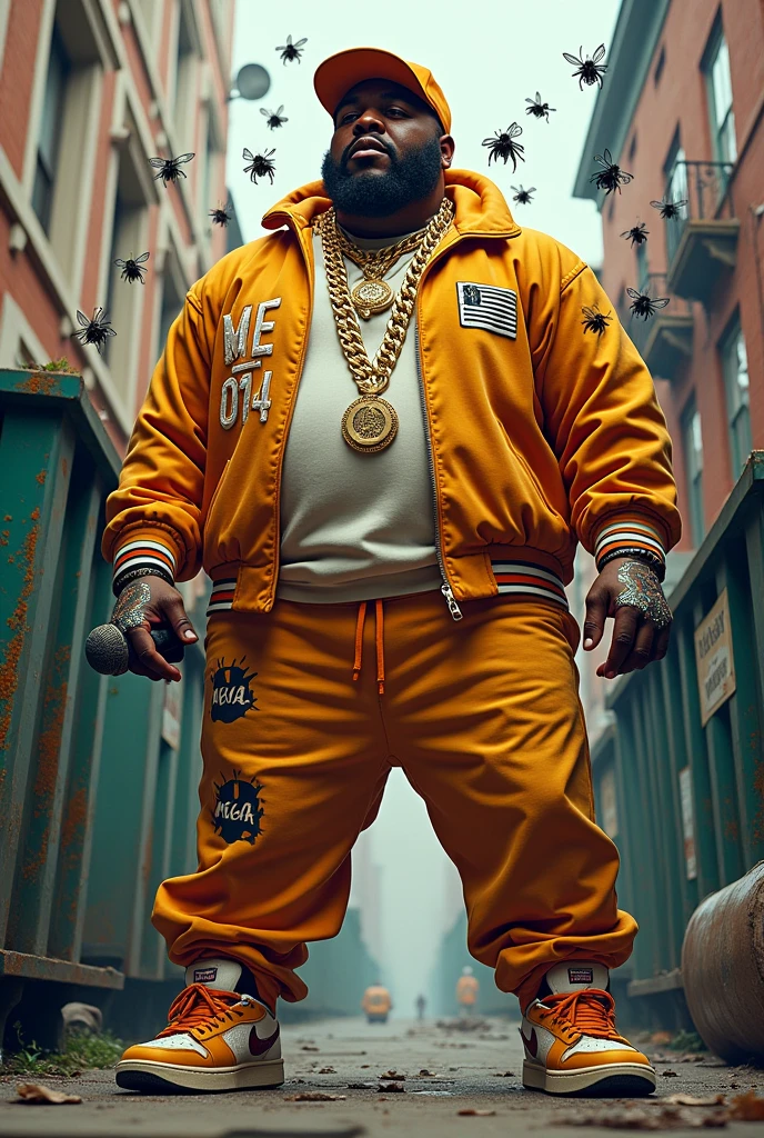 A fat man rapping who has a garbage man&#39;s background, that says mega as a logo and has flies around it