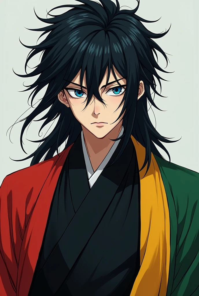 Serious 21 year old man long black spiky hair wearing a black uniform and a kimono on the left side is red and on the right is yellow and green deep blue eyes