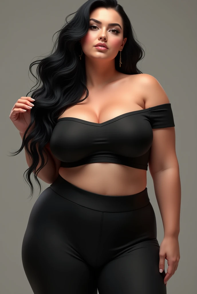 A woman with long black hair, with a big body, in tight clothing