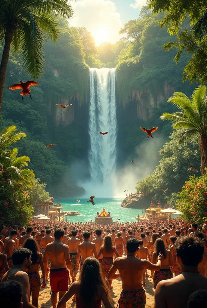 In the forest of the forest in the tropical mountains of Brazil, the sun shines on the waterfall the photo is taken from below, from the middle of the crowd and of asymmetrical composition. There is a party with musical instruments, tambourine, guitar, tambor, Flute, rabeca, atabaqui, grandfather, rattle,  people dancing each in their own way next to different animals, a bonfire and macaws, monkey, ounce, squirrel, Bunnygirl. A big helicopter and a canoe. 