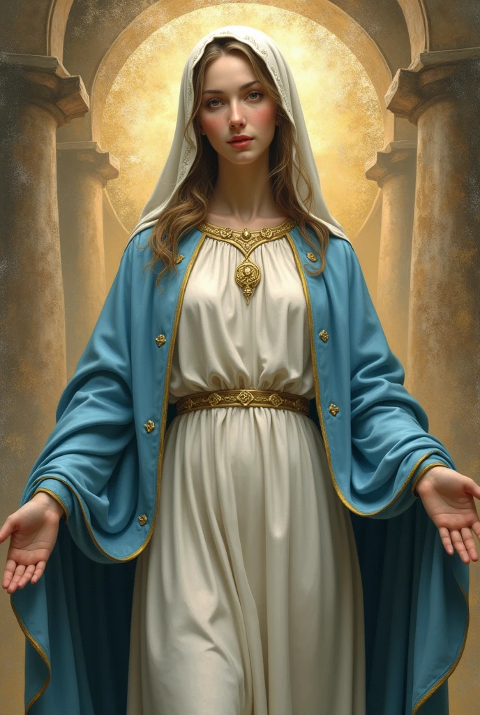 A beautiful ultra-thin realist portrait of the Virgin Mary, white outfit with blue details, ((divinity)), Whole body, biblical, realist, intricate details, por Abbott Fuller Graves, Bartholomew Esteban Murillo, JC Leyendecker, Craig Mullins, Peter Paul Rubens, (Caravaggio), trend in artstation, 8k, Conceptual art, Fantasy Art, Photorealist, realist, illustration, oil painting, Surrealism, Hyperrealist, brush brushes, Digital art, style,  watercolor