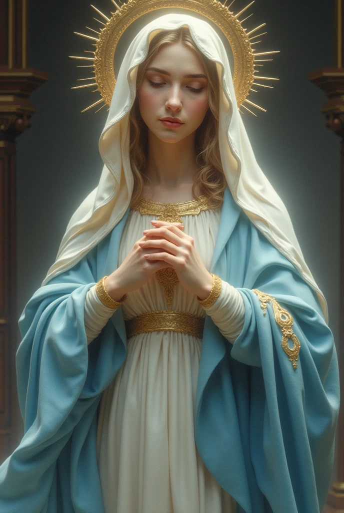 A beautiful ultra-thin realist portrait of the Virgin Mary, white outfit with blue details, ((divinity)), Whole body, biblical, realist, intricate details, por Abbott Fuller Graves, Bartholomew Esteban Murillo, JC Leyendecker, Craig Mullins, Peter Paul Rubens, (Caravaggio), trend in artstation, 8k, Conceptual art, Fantasy Art, Photorealist, realist, illustration, oil painting, Surrealism, Hyperrealist, brush brushes, Digital art, style,  watercolor