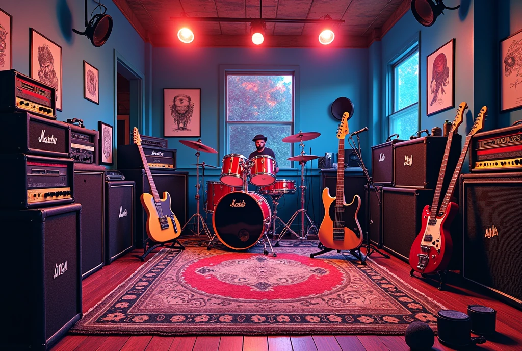 A room full of guitar amps, Mike stand, drum, Guitar and Bass