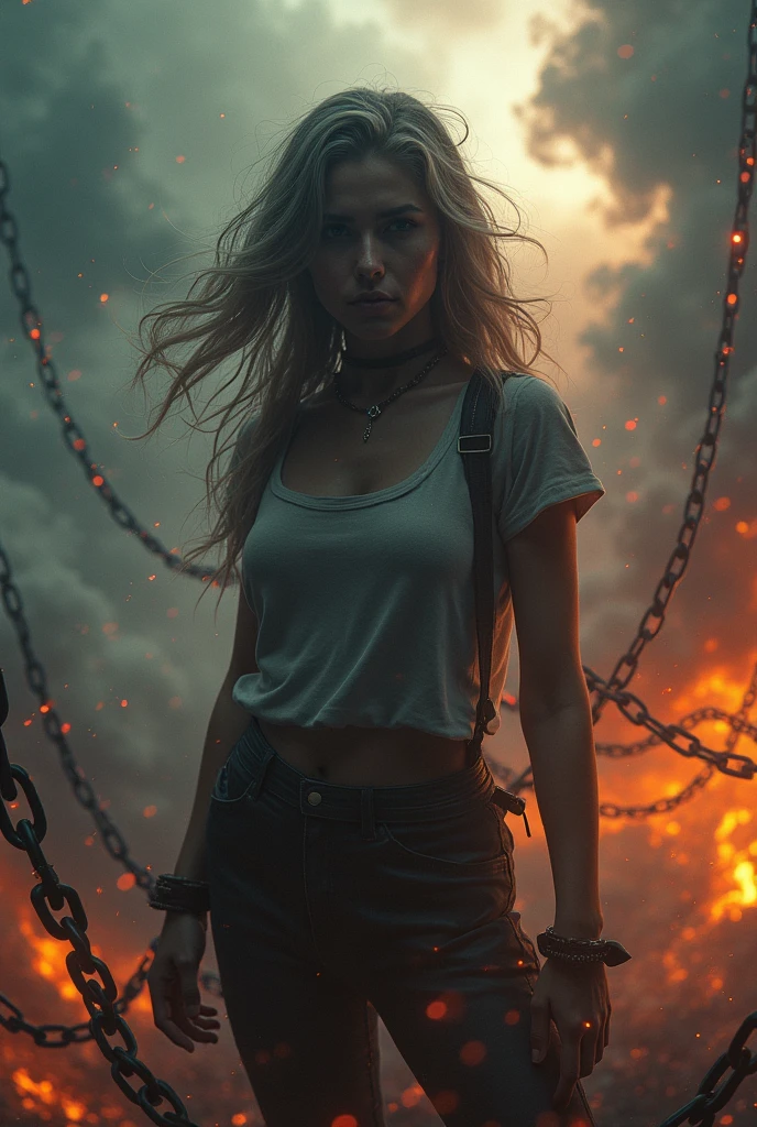 a Woman , backgrounds like hell, chain effects, angry, 3d, 8k, realistic and details, storm effective