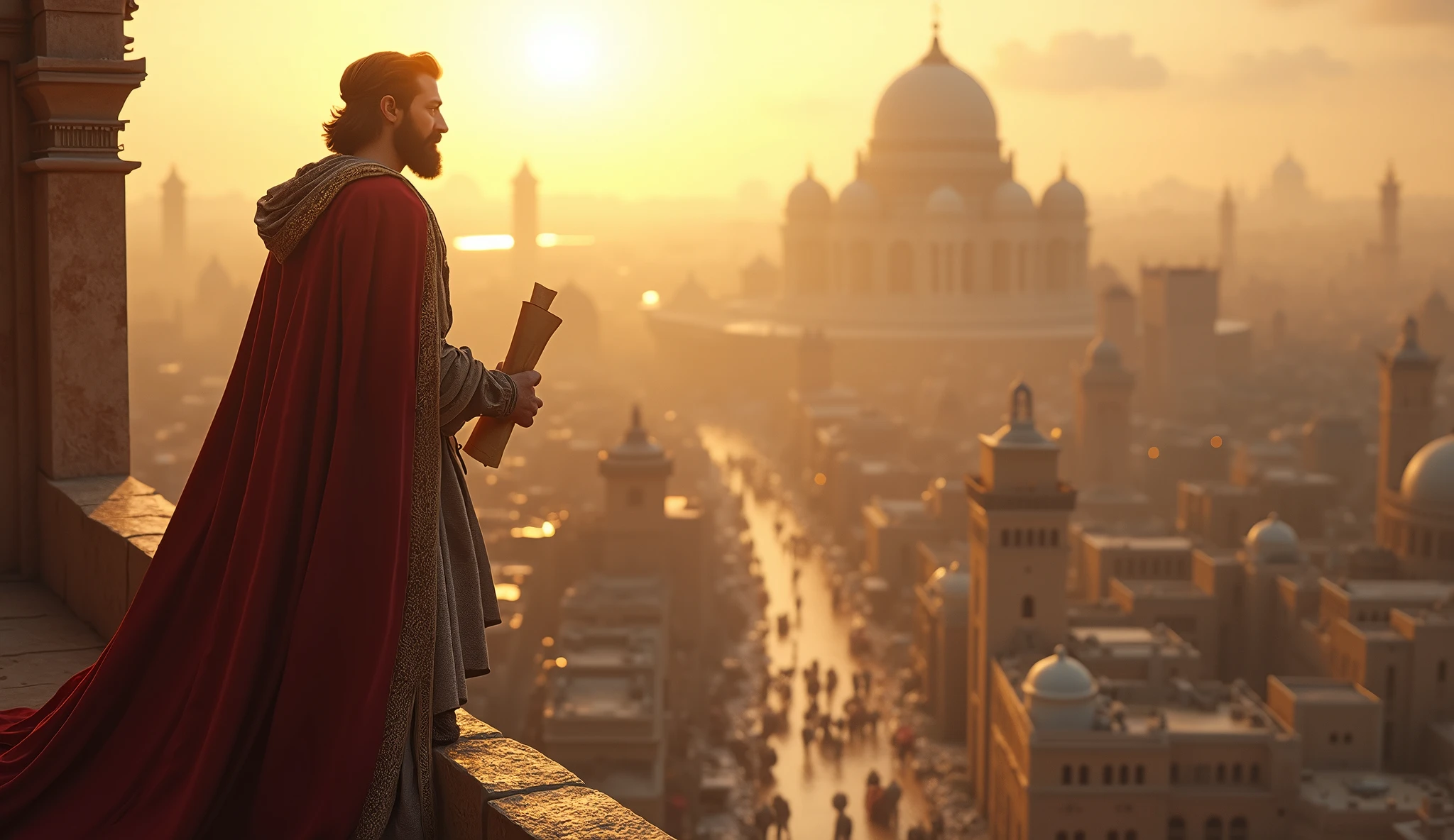 Create a hyper-realistic and mysterious image of Solomon standing on an elevated balcony of his palace, looking down at the vast city below, which is in full activity. The city must be lively, with markets, workers and construction in progress, all representing the fruit of constant and strategic work. Solomon must have a contemplative expression, holding a rolled up parchment, symbolizing his leadership and vision. The soft light of dawn or dusk should bathe the city in golden hues, highlighting the prosperity that does not come from luck, but from persistent and intelligent work.