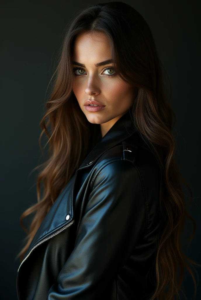 ((best beautiful caucásica grunge queen with long straight brown hair on sensual topless on black leather jacket on sexy pose), ((masterpiece)