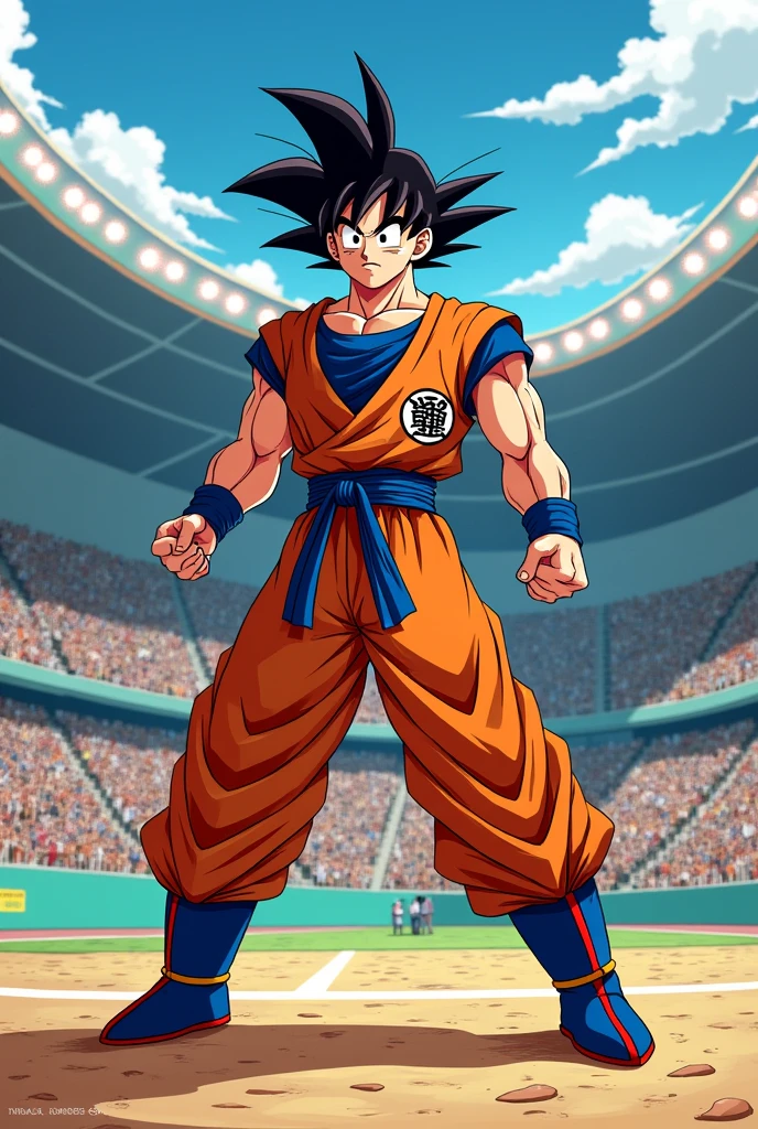 Draw Son Goku competing in the Olympics in the style of the manga 'Dragon Ball'. Attire must be wrestling attire Must be a traditional wrestling uniform