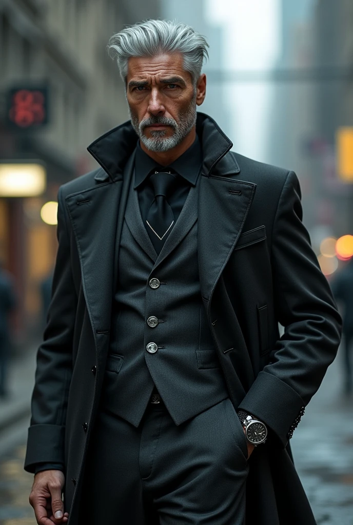 **Description Physique d'Elias "The Grey" Moreau**
- **Cheveux** : Argentés, courts et légèrement épars, coiffés en arrière avec une coupe nette, reflétant une sophistication contrôlée
- **Visage** : Visage marqué par l'âge avec des rides profondes et une peau légèrement rugueuse, exprimant des années d'expérience et de calcul
- **Yeux** : Grands, perçants, couleur gris clair avec des éclats argentés, parfois illuminés par un léger reflet technologique
- **Peau** : Teint pâle, avec une légère teinte grisâtre, accentuant l'aspect d’usure et de sagesse
- **Taille et corpulence** : Taille moyenne, corpulence robuste mais élancée, posture droite malgré une légère courbure des épaules
- **Vêtements** : Costume sombre en noir ou gris anthracite, coupe ajustée, en tissu high-tech avec des finitions brillantes, conçu pour résister aux conditions urbaines extrêmes
- **Accessoires** : Cravate ou nœud papillon noir avec des détails métalliques subtils, montre discrète en métal avec écran holographique intégré, boutons de manchette en titane
- **Ambiance** : Présence imposante et calculatrice, avec des éléments cybernétiques subtils comme des implants nanotechnologiques visibles au niveau des poignets ou du cou, qui ajoutent une touche futuriste à son apparence
- **Détails supplémentaires** : Éclairages d’appoint sur le costume émettant une lueur douce et métallique, aura d’autorité accentuée par un manteau long en tissu résistant aux intempéries avec des motifs géométriques intégrés