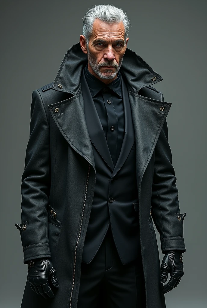 **Description Physique d'Elias "The Grey" Moreau**

- **Cheveux** : Argentés, courts et légèrement épars, coiffés en arrière avec une coupe nette, reflétant une sophistication contrôlée
- **Visage** : Visage marqué par l'âge avec des rides profondes et une peau légèrement rugueuse, exprimant des années d'expérience et de calcul
- **Yeux** : Grands, perçants, couleur gris clair avec des éclats argentés, parfois illuminés par un léger reflet technologique
- **Peau** : Teint pâle, avec une légère teinte grisâtre, accentuant l'aspect d’usure et de sagesse
- **Taille et corpulence** : Taille moyenne, corpulence robuste mais élancée, posture droite malgré une légère courbure des épaules
- **Vêtements** : Costume sombre en noir ou gris anthracite, coupe ajustée, en tissu high-tech avec des finitions brillantes, conçu pour résister aux conditions urbaines extrêmes
- **Accessoires** : Cravate ou nœud papillon ???? avec des détails métalliques subtils, montre discrète en métal avec écran holographique intégré, boutons de manchette en titane
- **Ambiance** : Présence imposante et calculatrice, avec des éléments cybernétiques subtils comme des implants nanotechnologiques visibles au niveau des poignets ou du cou, qui ajoutent une touche futuriste à son apparence
- **Détails supplémentaires** : Éclairages d’appoint sur le costume émettant une lueur douce et métallique, aura d’autorité accentuée par un manteau long en tissu résistant aux intempéries avec des motifs géométriques intégrés