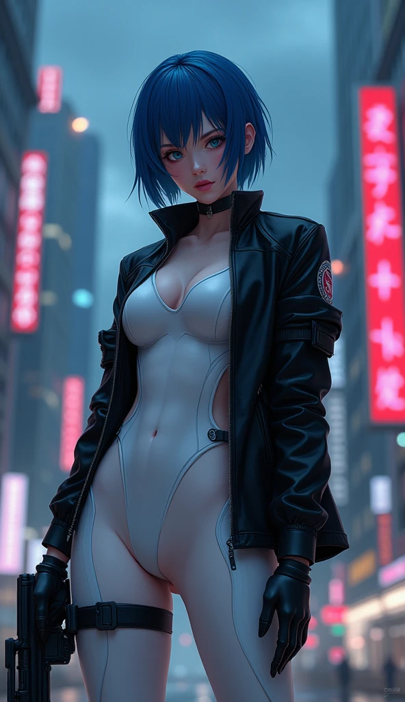 (woman),(Kusanagi Motoko:1.5),(((特殊部隊のwomanたちが立ち上がる:1.5))),((White Tactical High Leg Bodysuit:1.5)),((Black jacket:1.5)),(Black gloves:1.5),(Severe:1.5),(short hair:1.5),(((Blue Hair:1.5))),(Beautiful Eyes:1.3),(Very detailedな顔:1.5),((Very detailed drawing of a female hand:1.5)),((Muscular:1.5)),(Sexy Appearance:1.5),((Thick thighs:1.5)),(Beautiful body:1.5),((Very sensual:1.5)),(Night skyscraper background:1.5),(Cyberpunk atmosphere:1.5),(((Blurred Background:1.5))),(Depth of written border:1.5),rest(((masterpiece:1.5),(Highest quality:1.5),(Very detailed:1.5),(High resolution:1.5),(practical:1.5),(practical:1.5),(Delicate depiction),(Carefully drawn))),8k,wallpaper