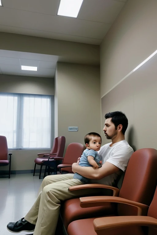 masterpiece, quality, Very detailed, Ultra high definition,
Hospital waiting room,
Man holding his toddler son
